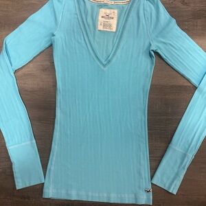 Hollister Women's Sky Blue V-Neck Bodysuit